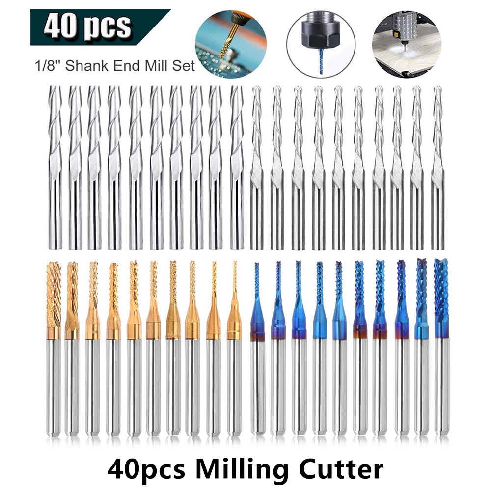 End Mill Set - Twotrees エンドミル彫刻ビットセットナノブルーコーティングされた CNC ルータービット切断フライスカッター 1/8 