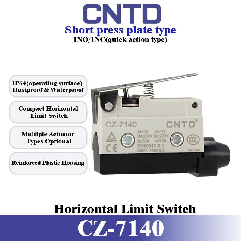 Limit Switch - CNTD CZ-7140 水平型リミットスイッチ、短いレバー、1NO+1NC、10A250VAC、IP64、産業用ストローク位置制御センサー