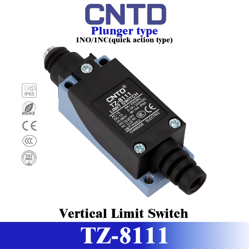 Limit Switch - CNTD TZ-8111 リミットスイッチ、上部プランジャー式アクチュエーター、1NO+1NC、瞬間動作、IP65規格、産業機器の位置検出用。